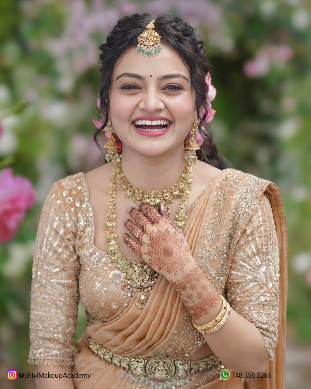 South-Indian bride sister makeup in Bangalore — soft peach tones with hairstyle